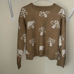 No Boundaries Large Tan/White Mushroom Print Sweater
